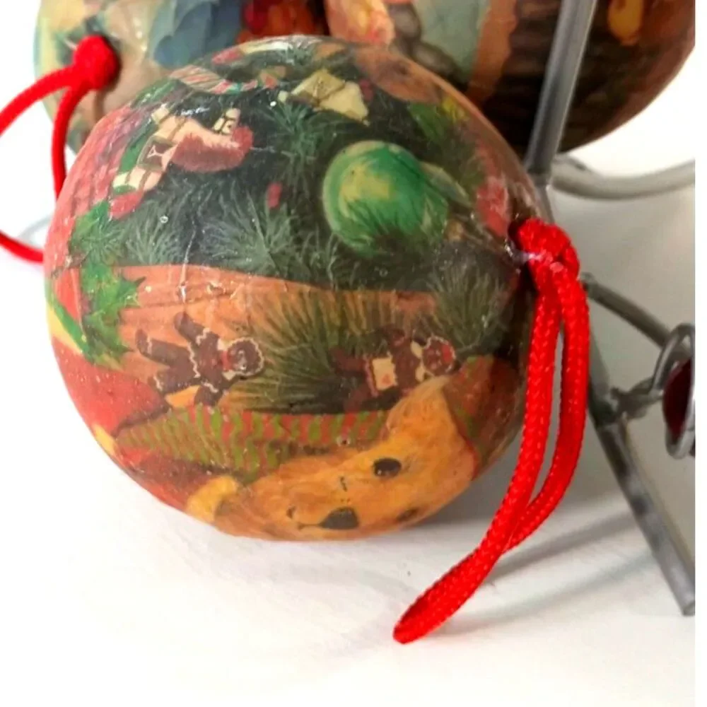 Vintage Plush Teddy Bear Christmas Ball Ornaments Set of 4